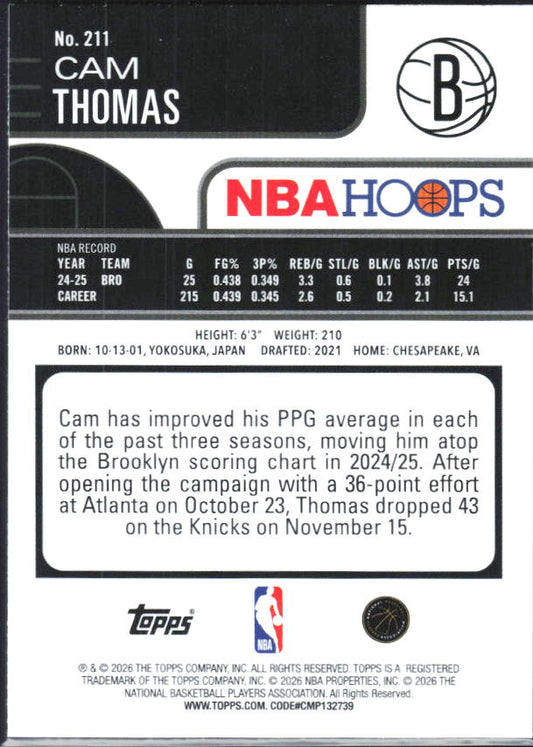2025-26 Hoops #211 Cam Thomas - baksida