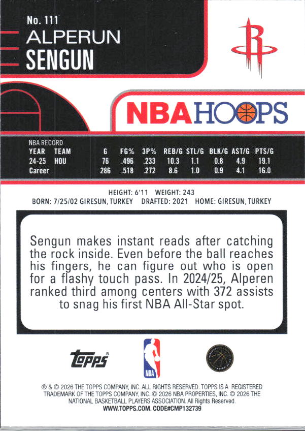 2025-26 Hoops #111 Alperen Sengun - baksida