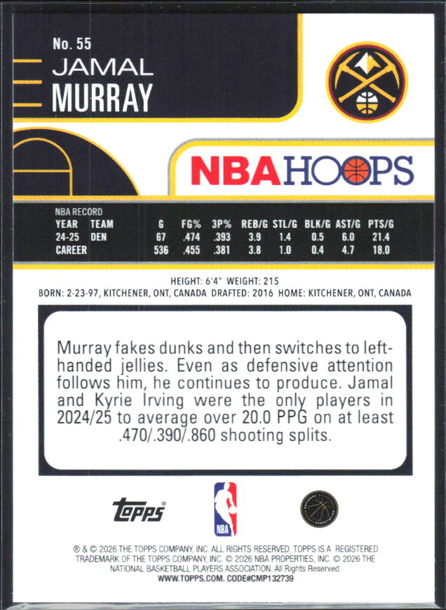 2025-26 Hoops #55 Jamal Murray Rainbow - baksida