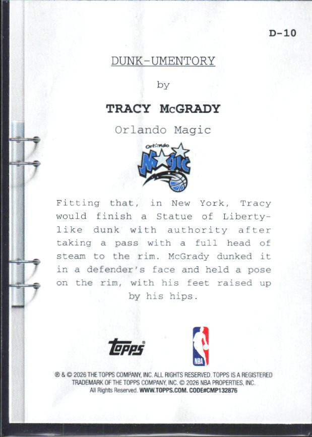 2025-26 Hoops #D-10 Tracy McGrady Dunk-umentory - baksida