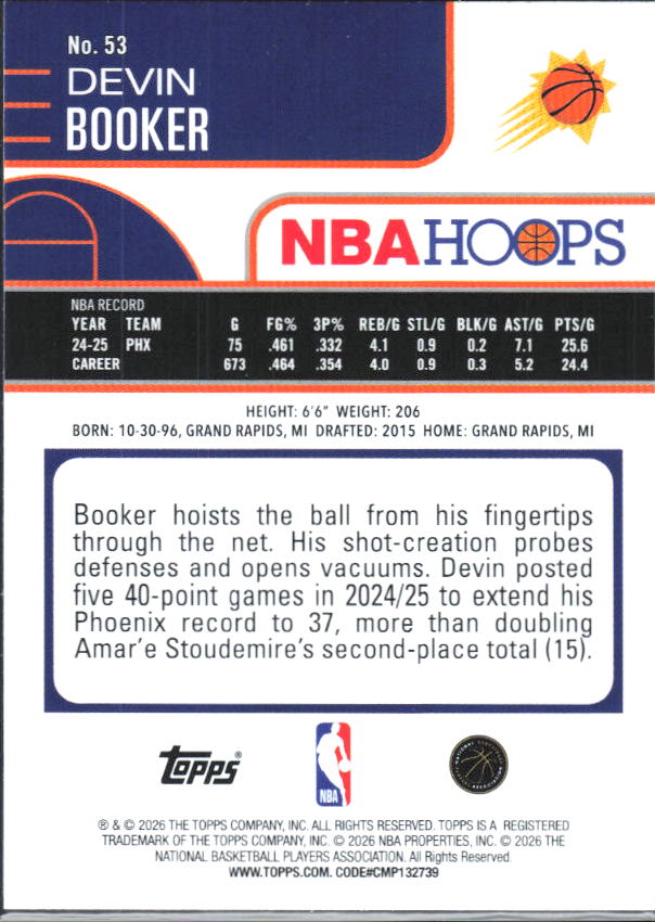 2025-26 Hoops #53 Devin Booker - baksida
