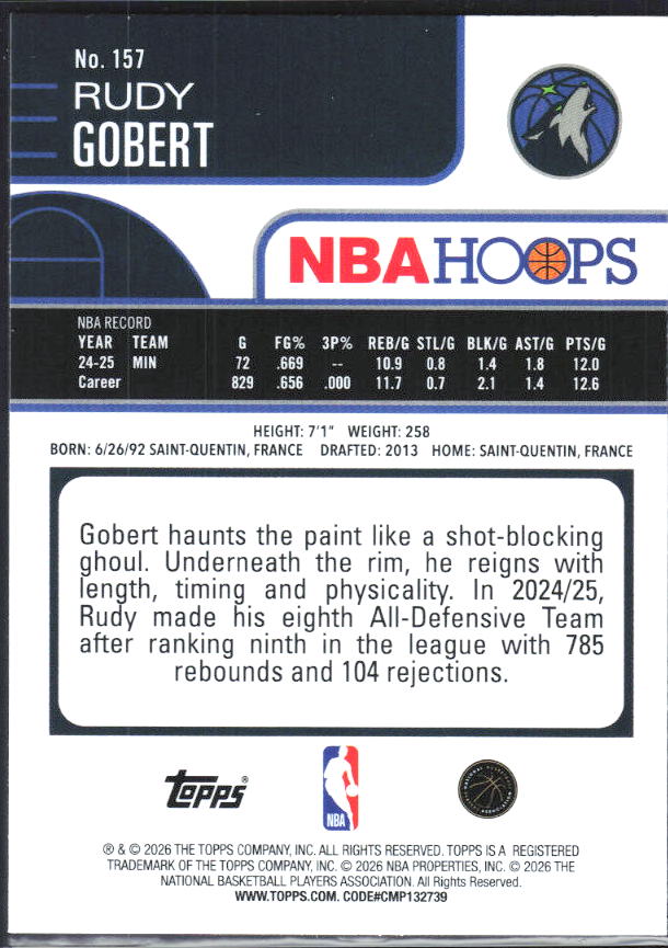 2025-26 Hoops #157 Rudy Gobert - baksida
