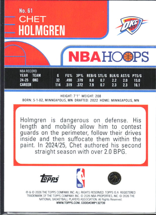 2025-26 Hoops #61 Chet Holmgren - baksida