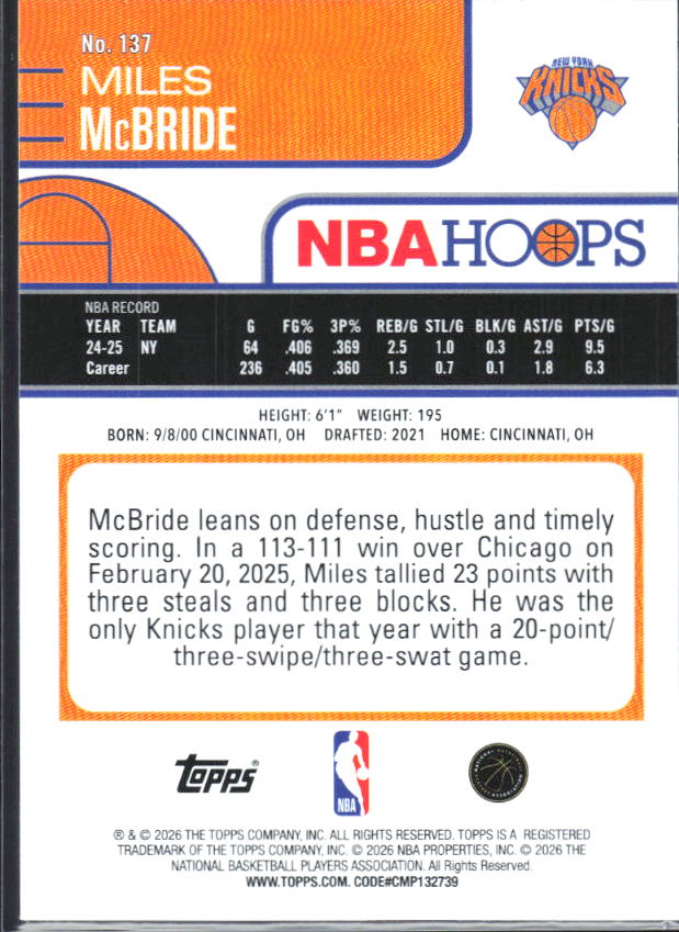 2025-26 Hoops #137 Miles McBride - baksida