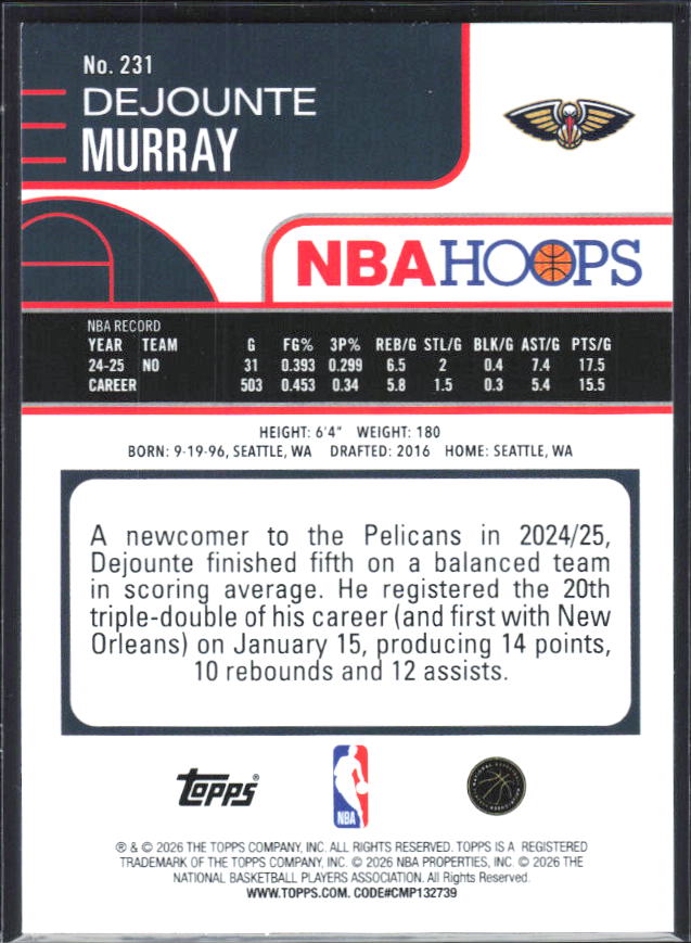 2025-26 Hoops #231 Dejounte Murray - baksida