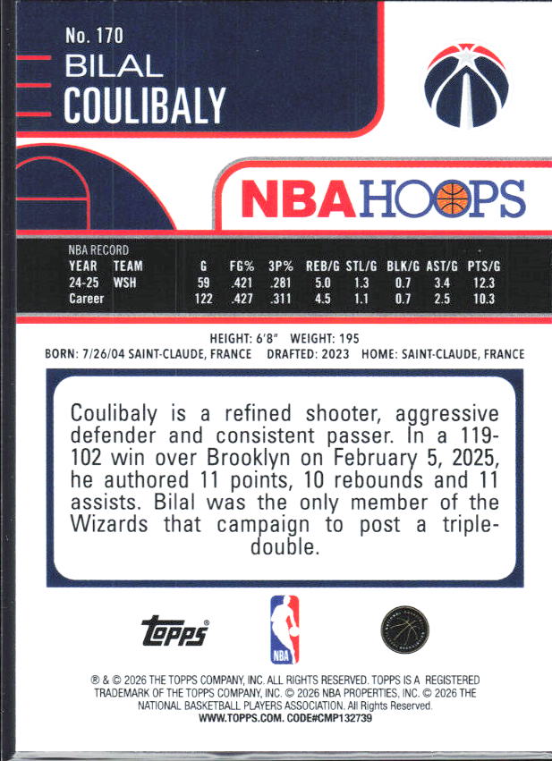 2025-26 Hoops #170 Bilal Coulibaly - baksida