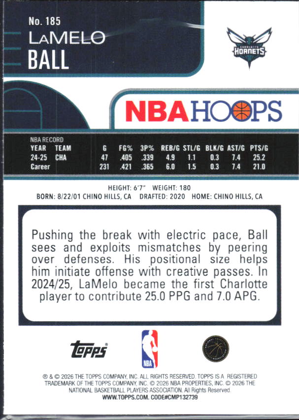 2025-26 Hoops #185 LaMelo Ball - baksida