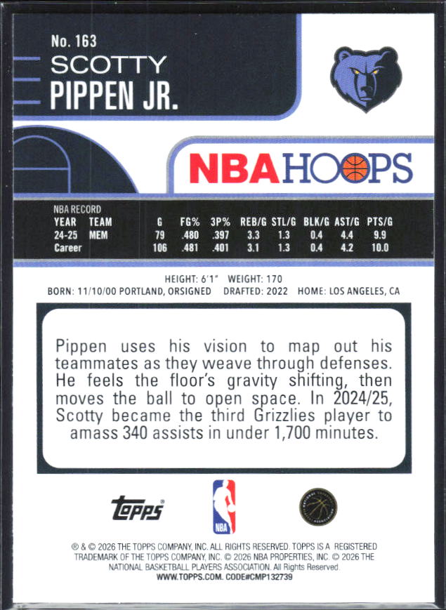 2025-26 Hoops #163 Scotty Pippen Jr. - baksida
