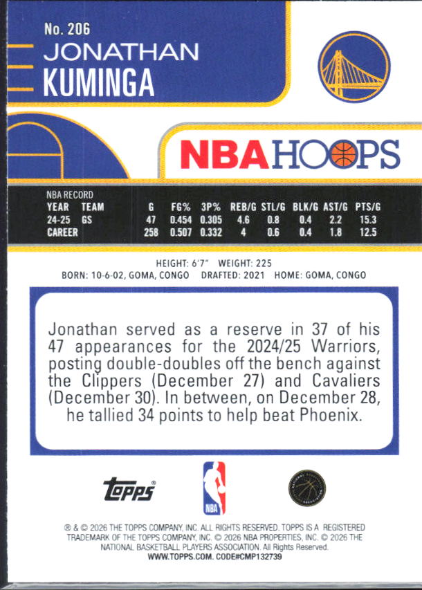 2025-26 Hoops #206 Jonathan Kuminga - baksida