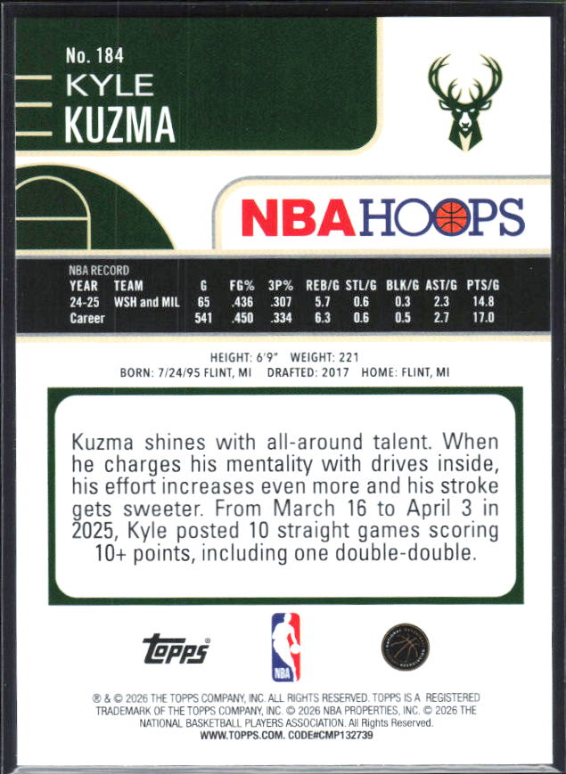 2025-26 Hoops #184 Kyle Kuzma Rainbow - baksida