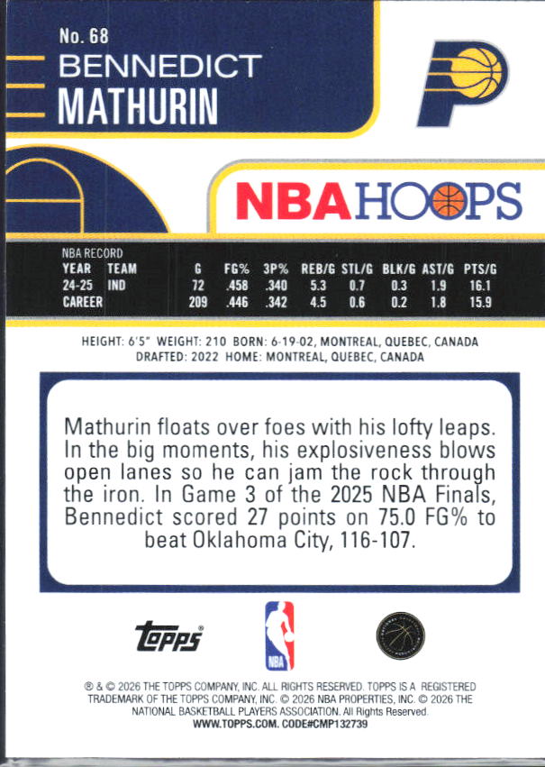 2025-26 Hoops #68 Bennedict Mathurin - baksida