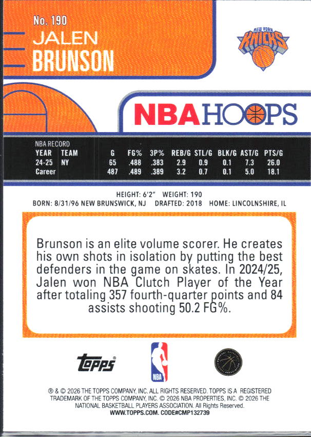 2025-26 Hoops #190 Jalen Brunson - baksida