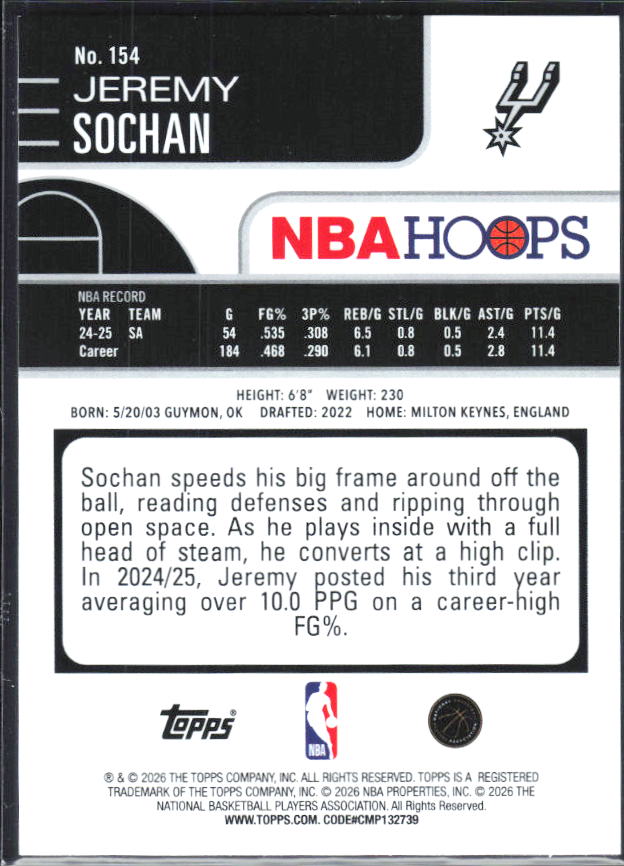 2025-26 Hoops #154 Jeremy Sochan Rainbow - baksida