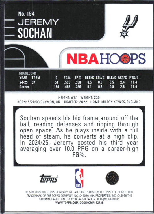 2025-26 Hoops #154 Jeremy Sochan Rainbow - baksida