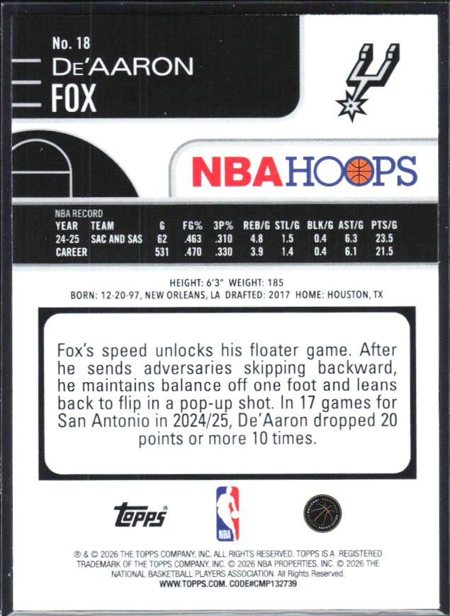 2025-26 Hoops #18 De'Aaron Fox - baksida