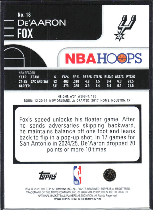 2025-26 Hoops #18 De'Aaron Fox - baksida