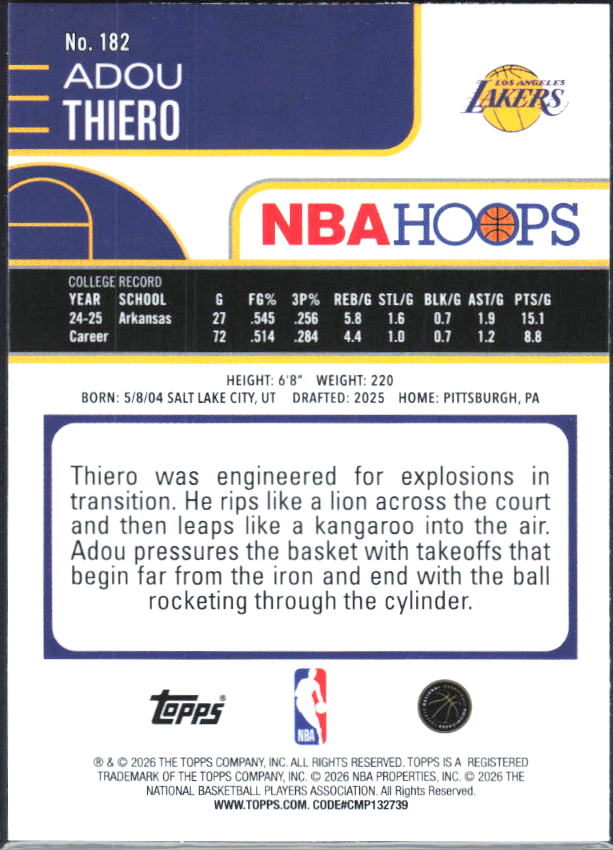 2025-26 Hoops #182 Adou Thiero - baksida