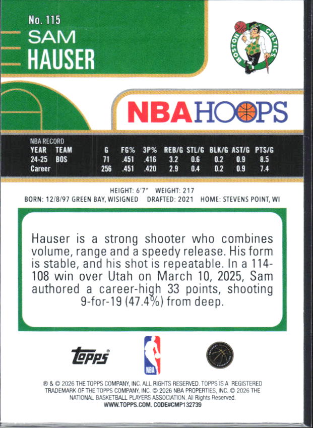 2025-26 Hoops #115 Sam Hauser - baksida