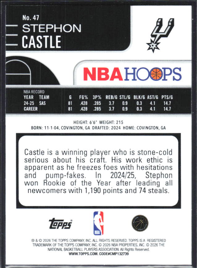 2025-26 Hoops #47 Stephon Castle - baksida