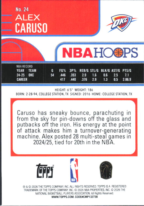 2025-26 Hoops #24 Alex Caruso Fanatics - baksida