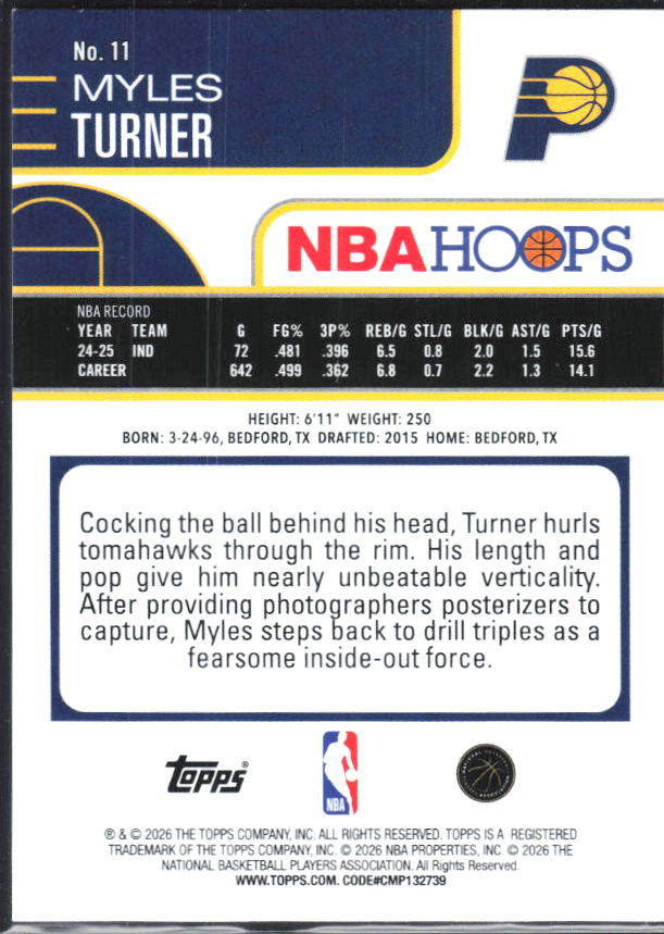 2025-26 Hoops #11 Myles Turner - baksida