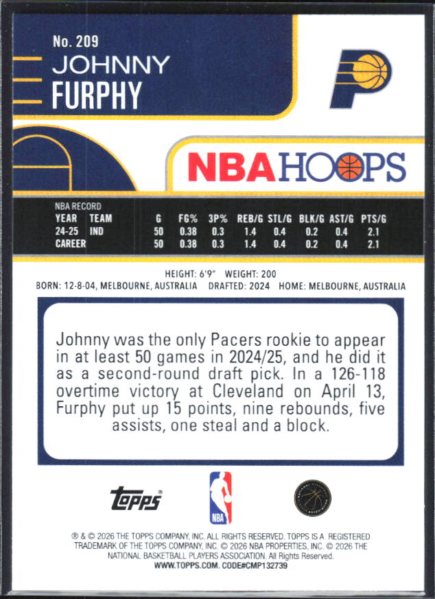 2025-26 Hoops #209 Johnny Furphy - baksida