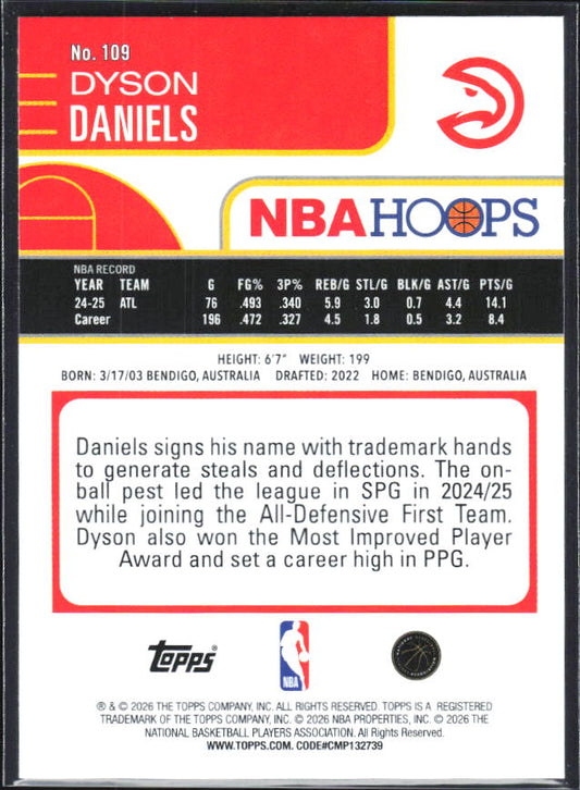2025-26 Hoops #109 Dyson Daniels - baksida