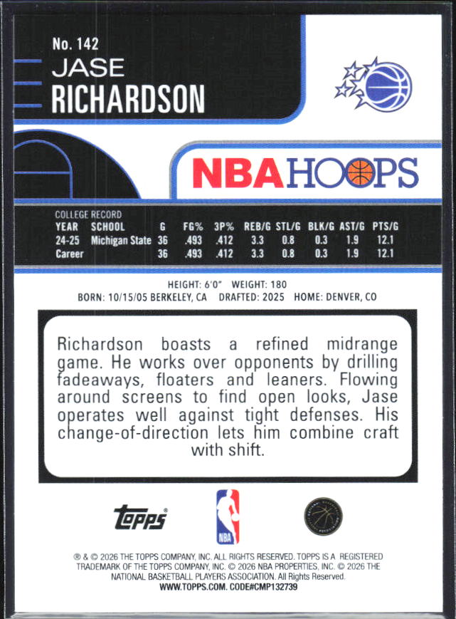 2025-26 Hoops #142 Jase Richardson - baksida