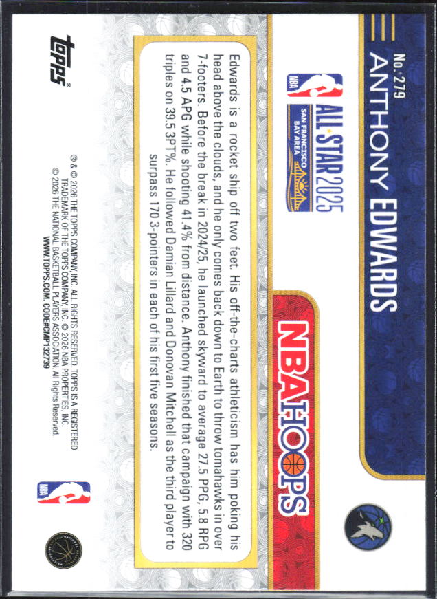 2025-26 Hoops #279 Anthony Edwards - baksida