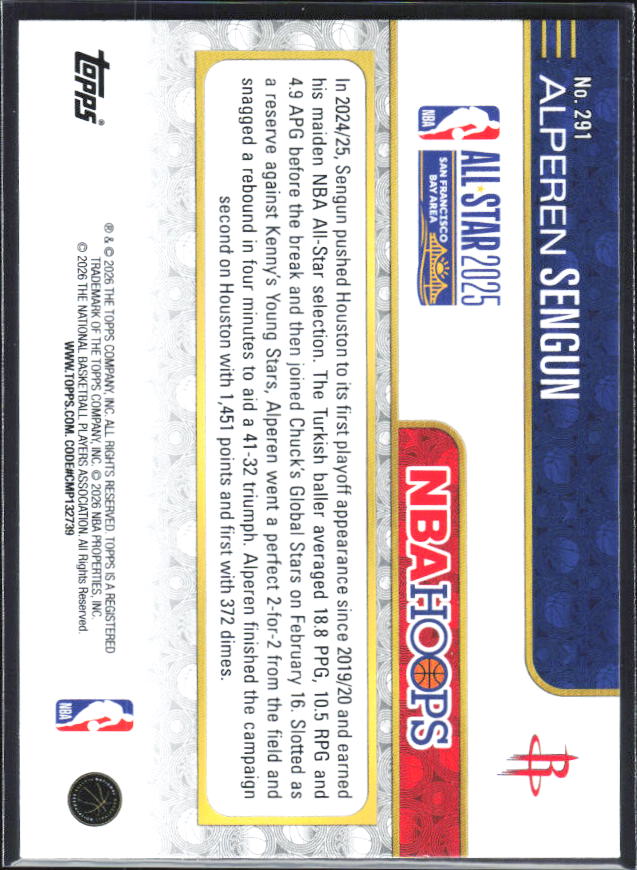 2025-26 Hoops #291 Alperen Sengun Fanatics - baksida