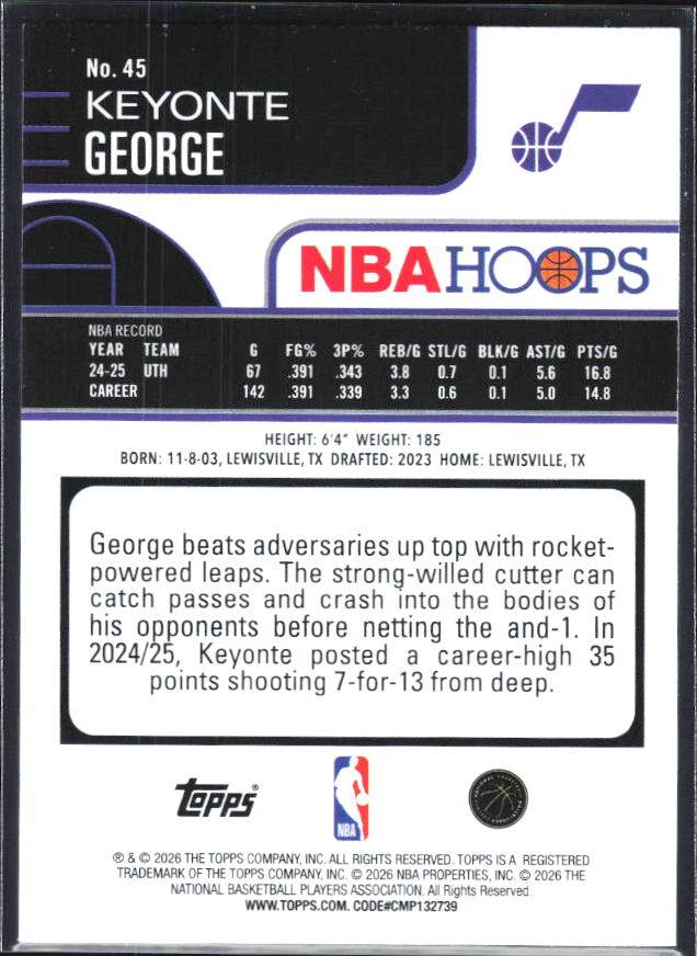 2025-26 Hoops #45 Keyonte George - baksida