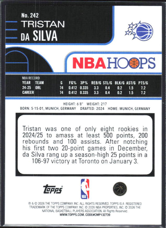 2025-26 Hoops #242 Tristan da Silva - baksida