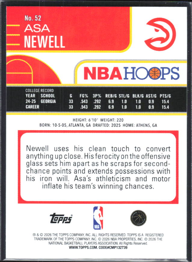 2025-26 Hoops #52 Asa Newell - baksida