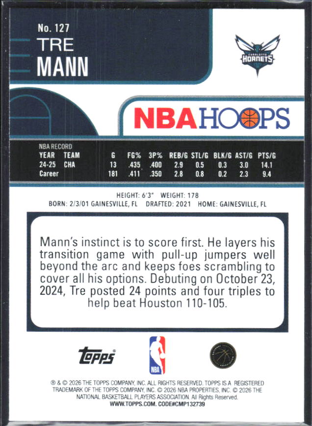 2025-26 Hoops #127 Tre Mann - baksida