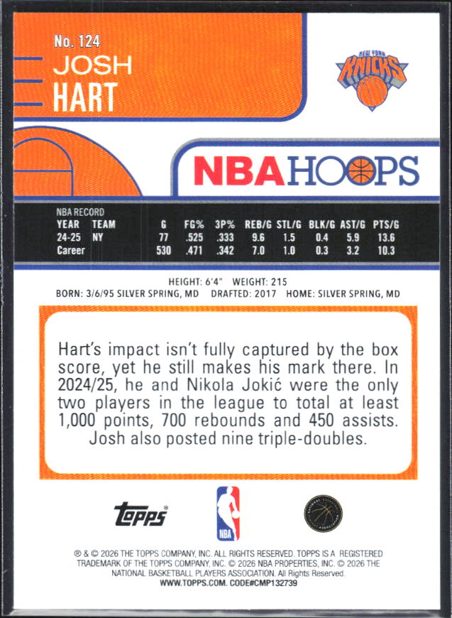 2025-26 Hoops #124 Josh Hart - baksida