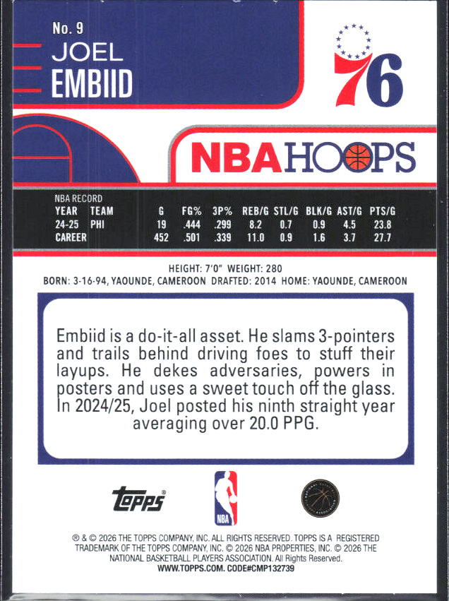 2025-26 Hoops #9 Joel Embiid Rainbow - baksida