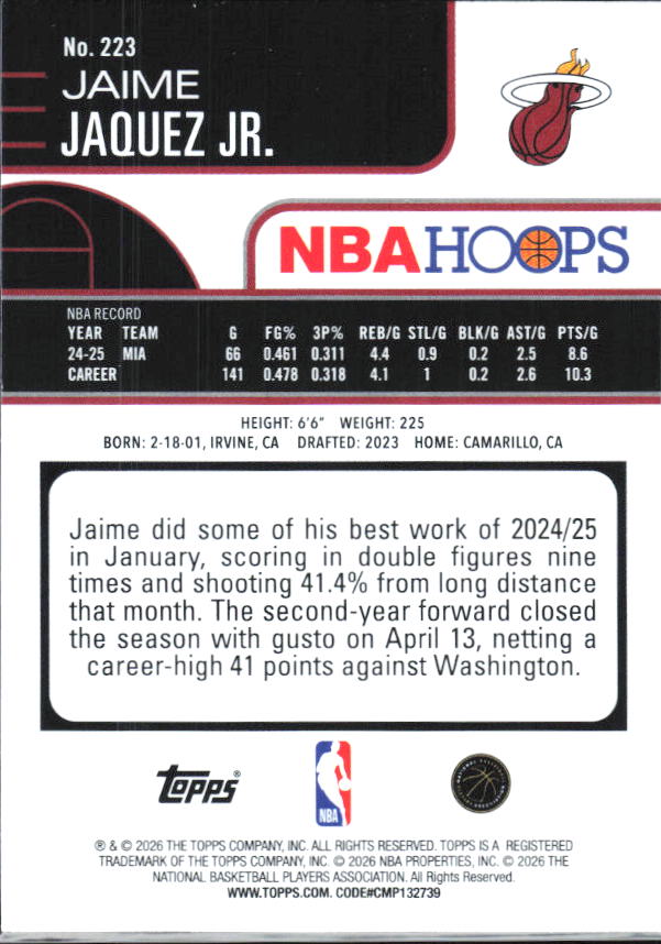 2025-26 Hoops #223 Jaime Jaquez Jr. - baksida