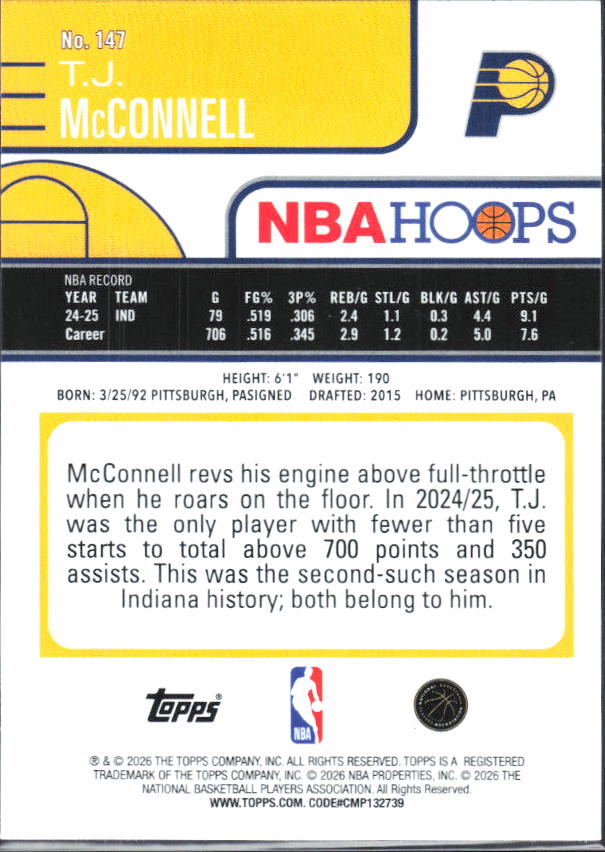 2025-26 Hoops #147 T.J. McConnell - baksida