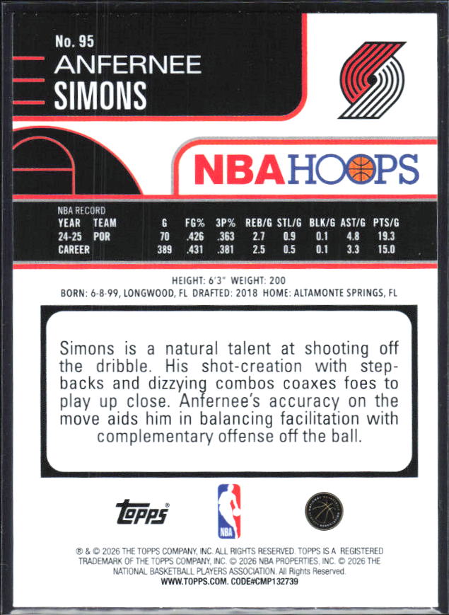 2025-26 Hoops #95 Anfernee Simons - baksida