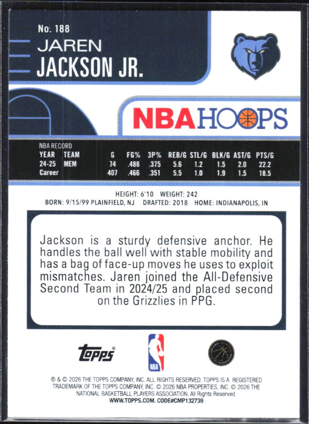 2025-26 Hoops #188 Jaren Jackson Jr. - baksida
