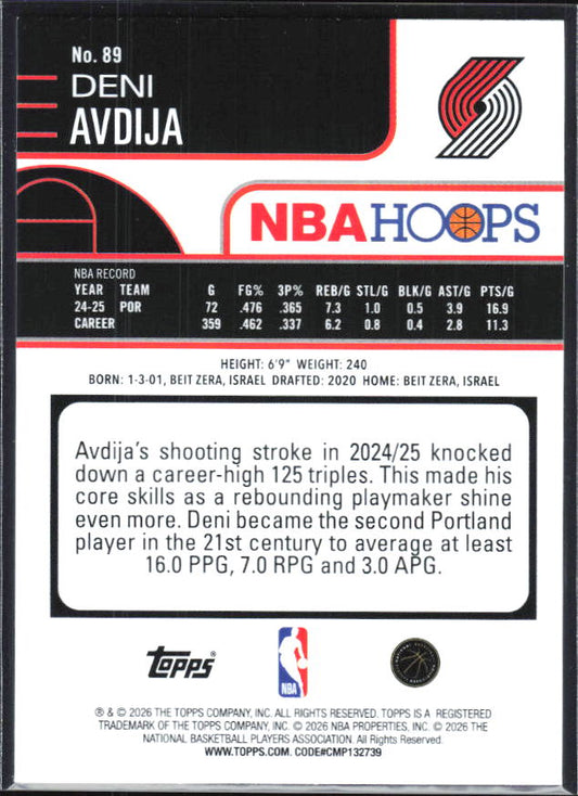 2025-26 Hoops #89 Deni Avdija - baksida