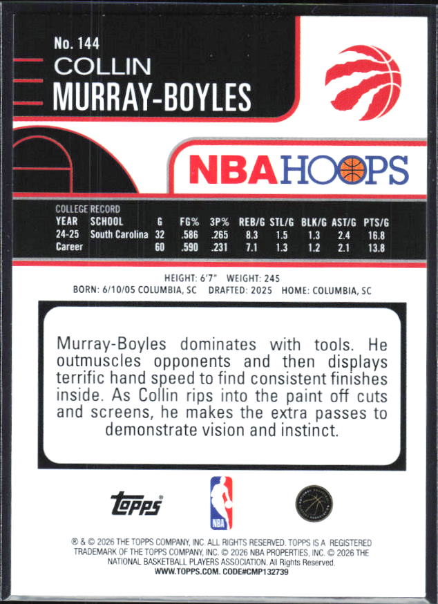 2025-26 Hoops #144 Collin Murray-Boyles - baksida