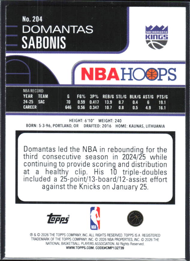 2025-26 Hoops #204 Domantas Sabonis - baksida