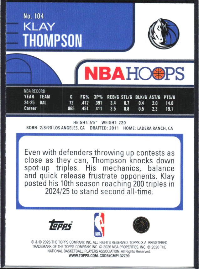 2025-26 Hoops #104 Klay Thompson - baksida