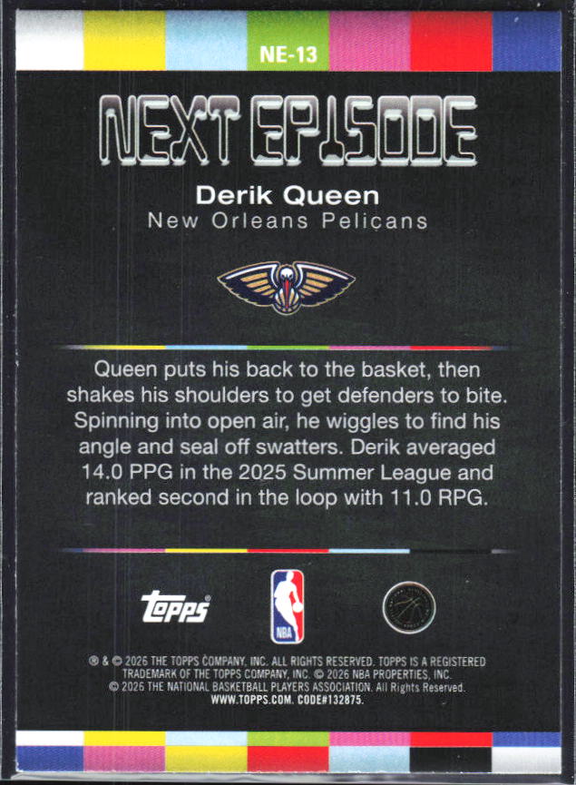 2025-26 Hoops #NE-13 Derik Queen Next Episode - baksida