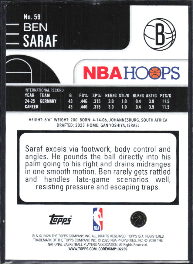 2025-26 Hoops #59 Ben Saraf - baksida