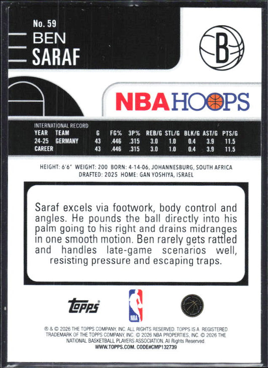 2025-26 Hoops #59 Ben Saraf - baksida