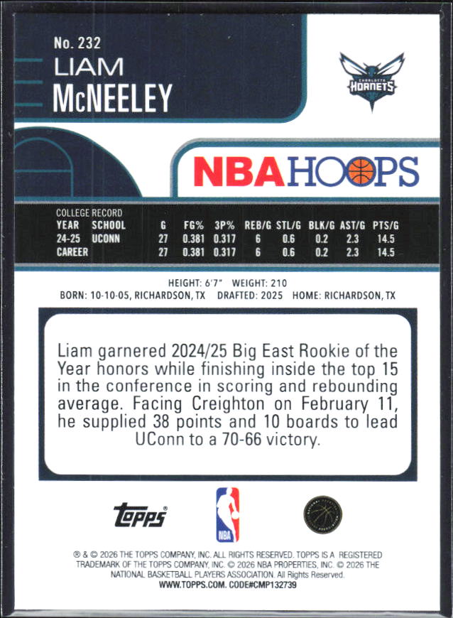 2025-26 Hoops #232 Liam McNeeley - baksida
