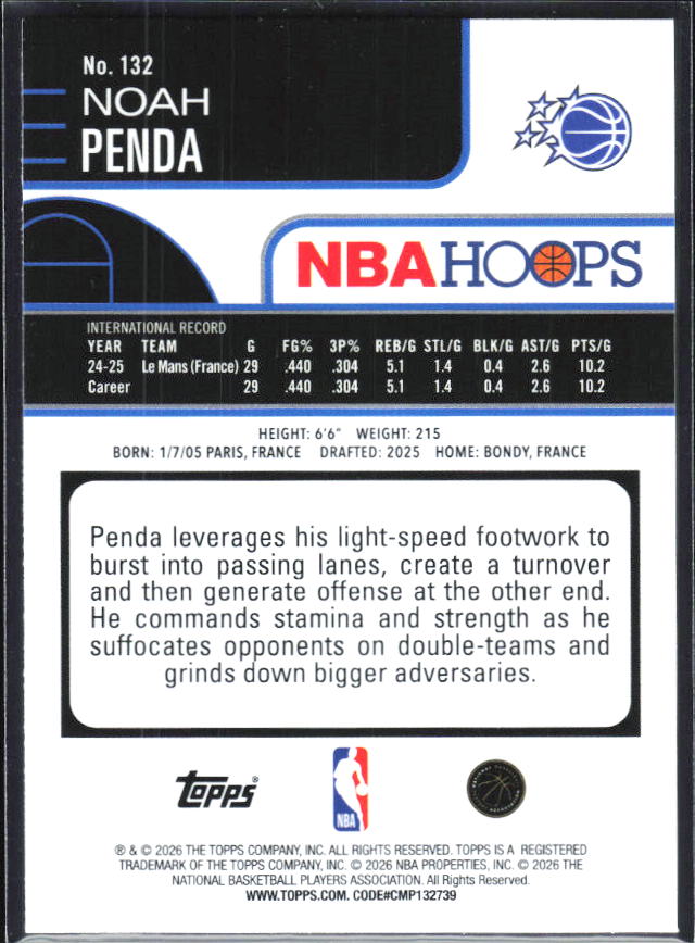 2025-26 Hoops #132 Noah Penda - baksida