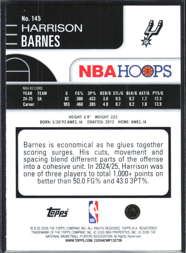 2025-26 Hoops #145 Harrison Barnes - baksida